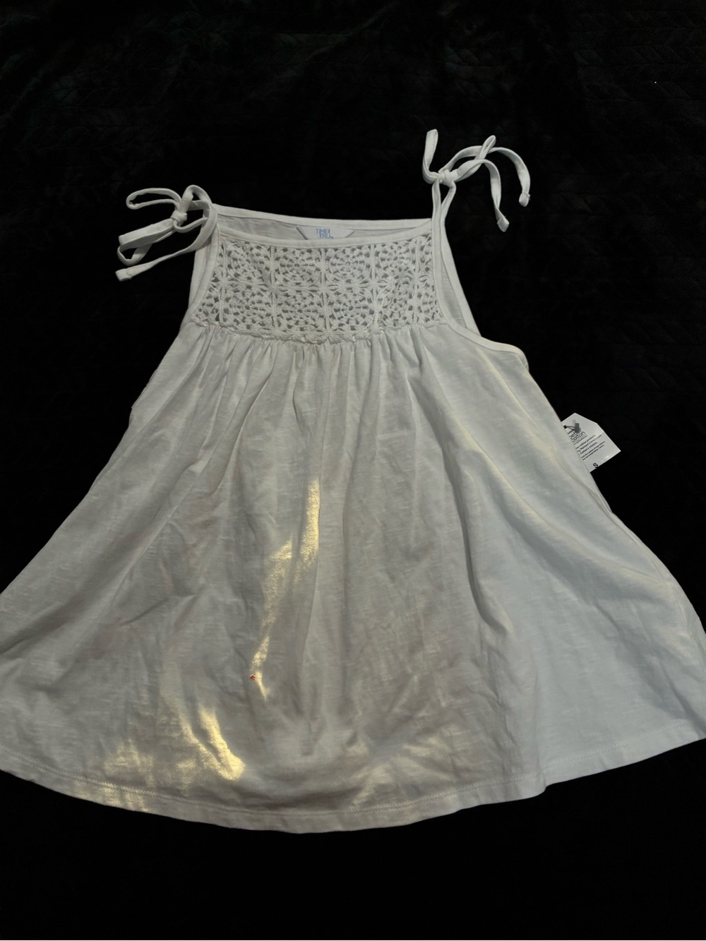 Time and Tru White Crochet Yoke Tie-Shoulder Tank